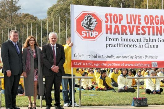 (отляво надясно) Крейг Кели (член на Парламента, Астралия), професор Мария Фиатароне Синх (Университета на Сидни) и Джон Мадигън (сенатор) по време на митинг по повод 15-тата годишнина от началото на преследването на Фалун Гонг, проведен пред Австралийския парламент на 16 юли 2014 г.