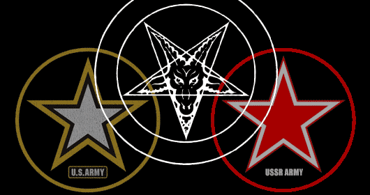 Сатаната, изобразен на петзвездните комунистически флагове